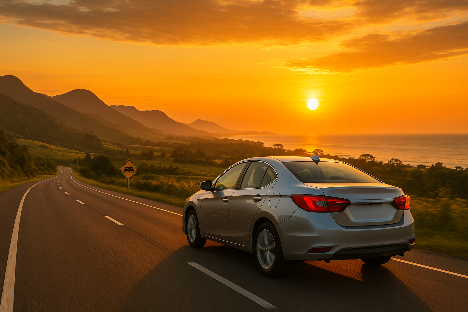 Carro em estrada catarinense ao pôr do sol, proteção veicular