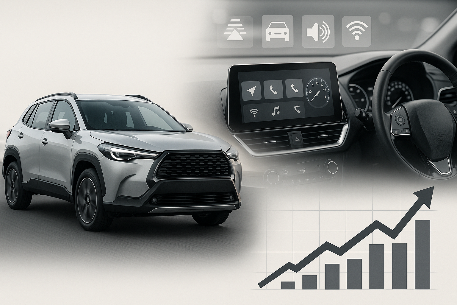 Montagem com SUV compacto, painel conectado e gráfico de tendência